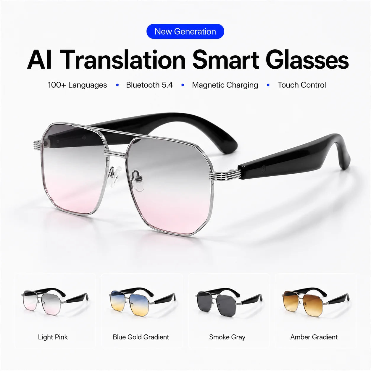 AI Translation Smart Glasses with Bluetooth 5.4, Real-Time Voice Translation, Magnetic Charging & Touch Control