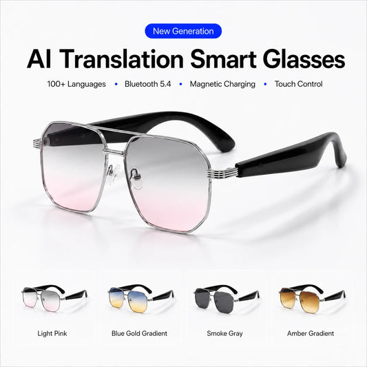 AI Translation Smart Glasses with Bluetooth 5.4, Real-Time Voice Translation, Magnetic Charging & Touch Control