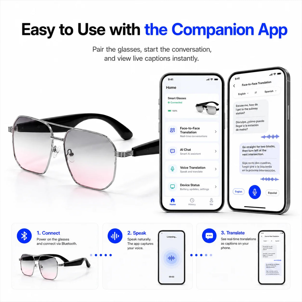 AI Translation Smart Glasses with Bluetooth 5.4, Real-Time Voice Translation, Magnetic Charging & Touch Control
