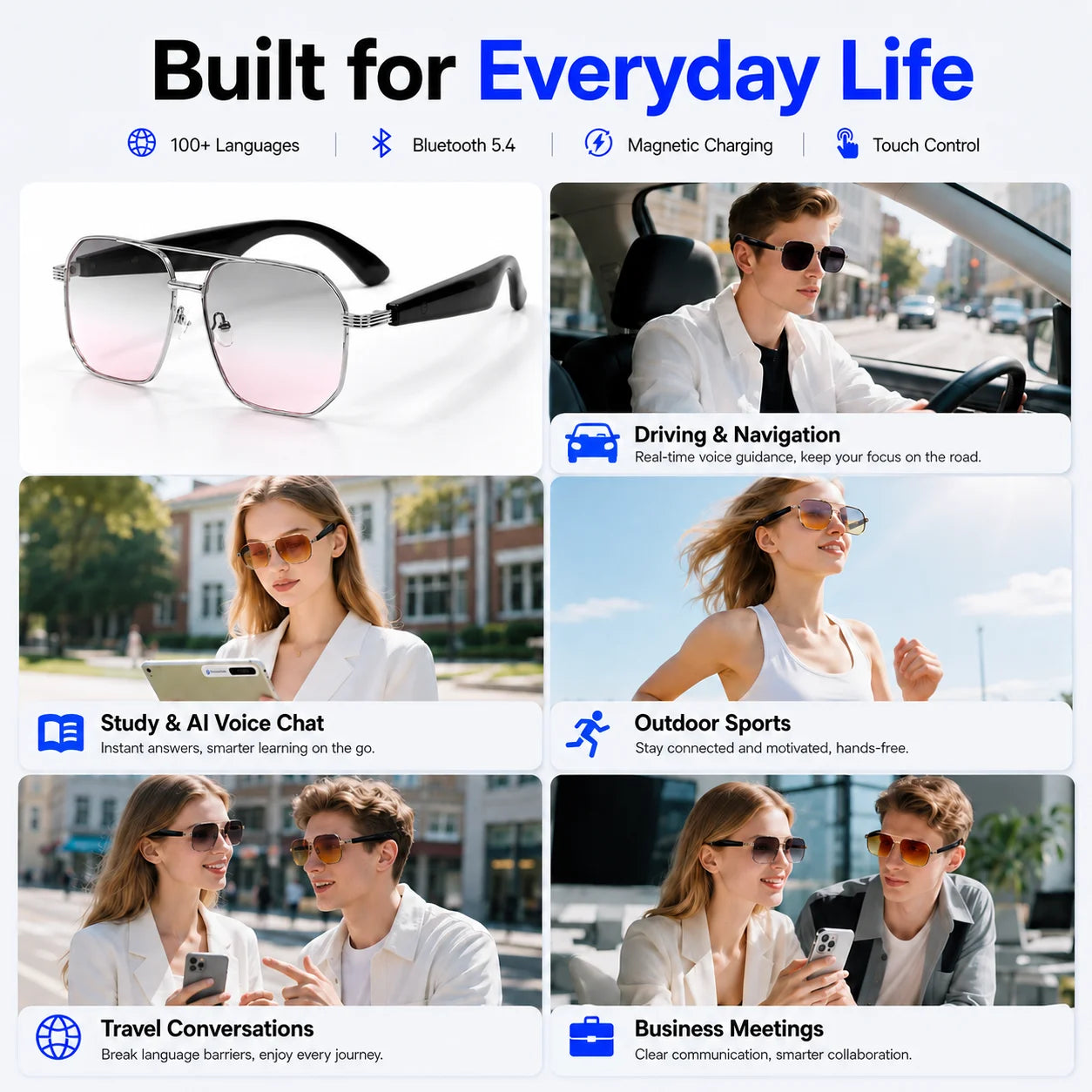 AI Translation Smart Glasses with Bluetooth 5.4, Real-Time Voice Translation, Magnetic Charging & Touch Control