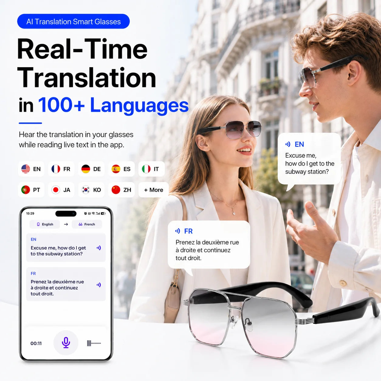 AI Translation Smart Glasses with Bluetooth 5.4, Real-Time Voice Translation, Magnetic Charging & Touch Control